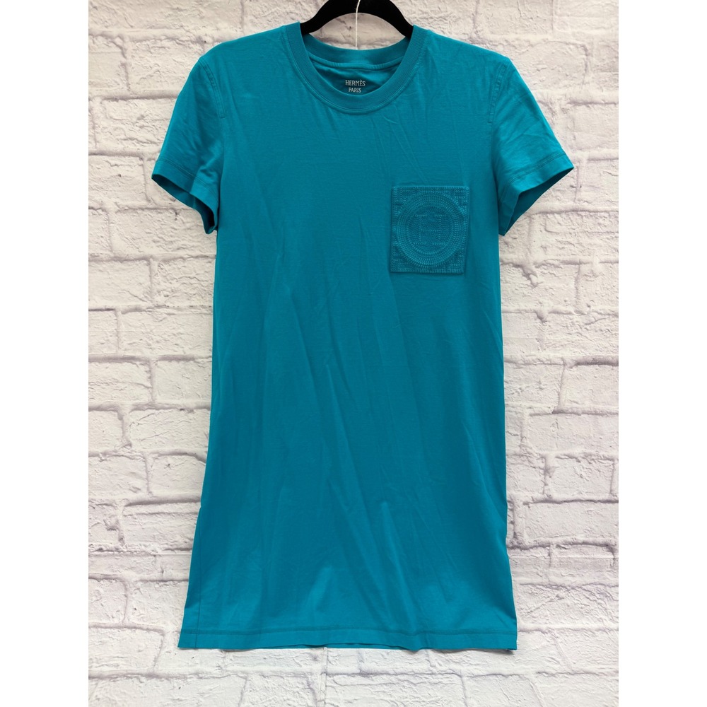 Hermes Embroidered Pocket Tee Shirt Dress Teal Blue Cotton Size 38 US 4 / S